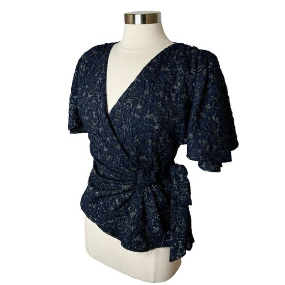 Anthropologie Eva Franco Navy‎ Gold Shimmer Wrap Blouse Women’s Size 6 - Picture 4 of 10